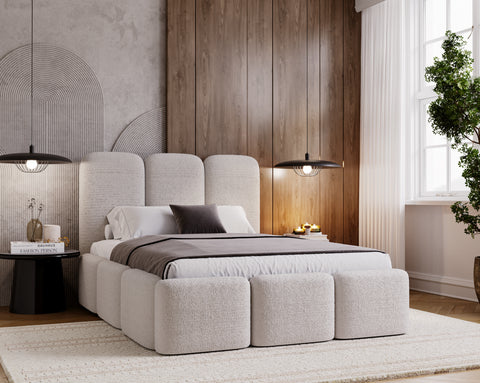 BERO Queen Size Bed Frame with Storage Off White Boucle Fabric