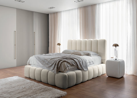 CANDE Queen Size Bed Frame with Storage Off-White Boucle Fabric