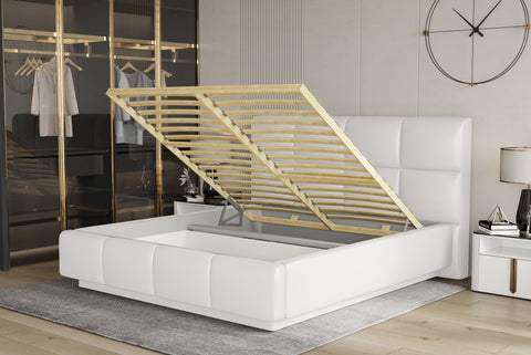 CAPELLA European Queen Size Bed Frame with Storage White Faux Leather
