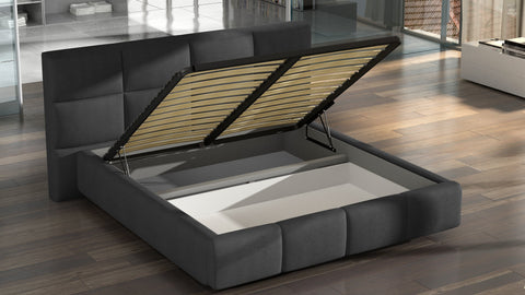 CAPELLA European Full Size Bed Frame with Storage Dark Gray Fabric