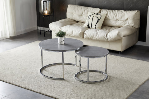 LUNA Coffee Table Set Gray Ceramic & Chrome Legs