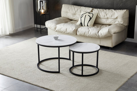 LUNA Coffee Table Set White Ceramic & Black Legs