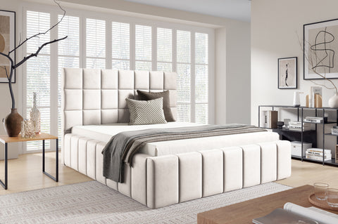 PRESTO King Size Bed Frame with Storage Ivory Fabric