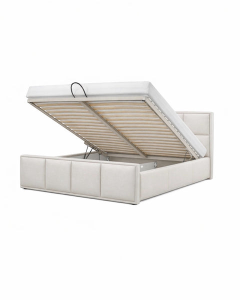 LUSSO King Size Bed Frame with Storage Ivory Fabric