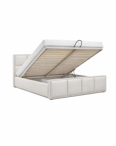 LUSSO Queen Size Bed Frame with Storage Ivory Fabric