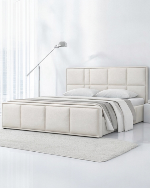 LUSSO Queen Size Bed Frame with Storage Ivory Fabric